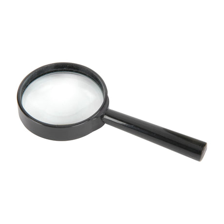 Mercury PMS-054 handheld magnifier with 65mm round glass lens set in a black plastic rim and matching straight handle, shown on a white background.