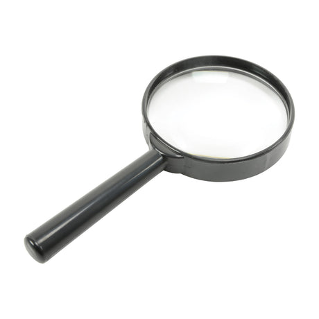 Mercury PMS-054 handheld magnifier with a 65mm glass lens set in a black plastic rim and matching straight handle, shown on a white background.