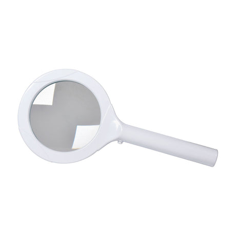 Mercury handheld magnifying glass with round lens, three LED lights around the rim, and a white plastic handle, shown on a plain white background.