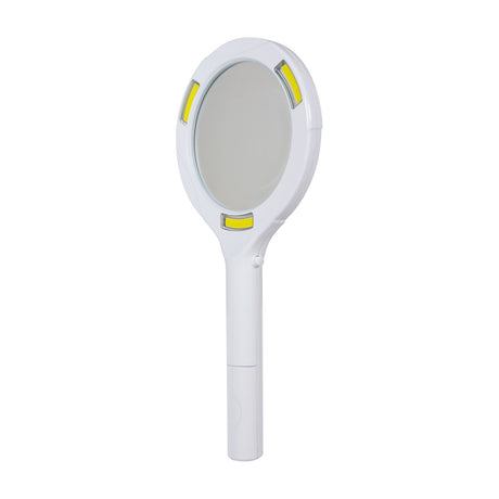 Mercury handheld magnifying glass with white oval frame, three yellow LED light strips around the lens, and slim white handle on a plain background.