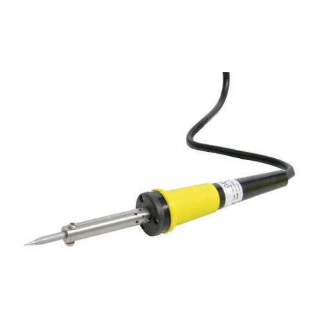Mercury 30W mains soldering iron by AVSL with yellow and black handle, pointed tip and black power cable, shown on a plain white background.