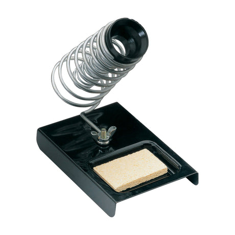 Mercury TSS09 bench top soldering iron holder with metal coiled cradle, black base tray and cleaning sponge, shown on a plain white background.