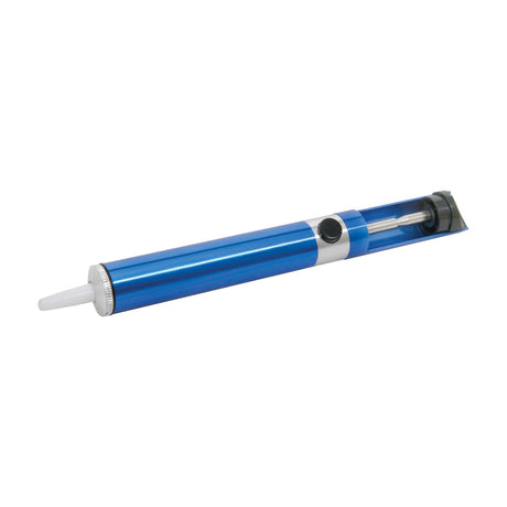 Mercury desoldering pump by AVSL with blue all-metal body, chrome trim, side release button, and white PTFE nozzle, shown on a plain background.