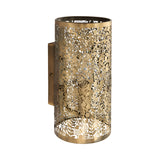 Endon Cliffmere cylindrical wall light in antique brass, with a cut-out secret-garden design of leaves and birds, shown on a plain white background.