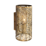 Endon Cliffmere cylindrical wall light in antique brass steel with cut-out secret-garden design of leaves, dragonflies and birds, single E14 bulb lit inside.