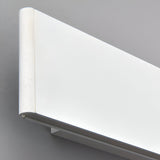Close-up of the Endon Ambrose matt white LED wall light showing its slim rectangular form and curved end cap against a grey wall.