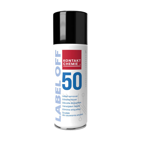 Kontakt Chemie Label Off 50 adhesive remover spray in a 100ml white aerosol can with black cap and red and blue label, on a plain white background.