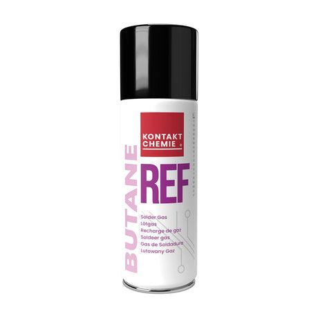 Kontakt Chemie Butane Gas 200ml refill can with white label and black cap, for topping up portable soldering irons, shown on a plain background.