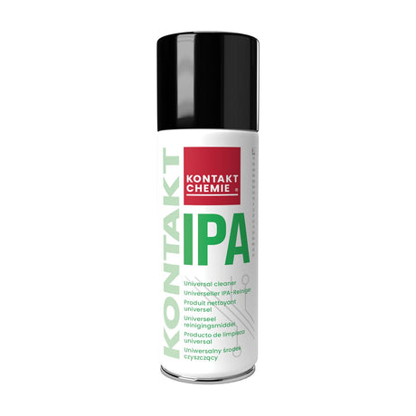Kontakt IPA 200ml aerosol can, white body with black cap and red logo, isopropanol universal cleaner spray on a plain white background.