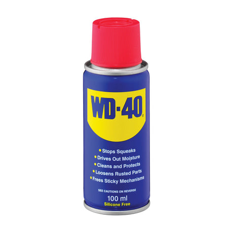 WD-40 Multi-Use Original 100ml aerosol spray can with red cap and yellow shield logo on a blue body, shown against a plain white background.
