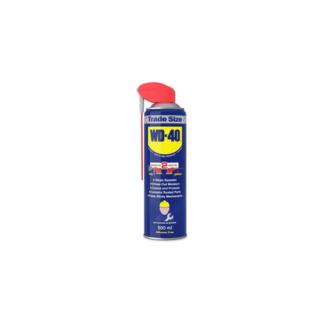 WD-40 Multi-Use Product 500ml trade size spray can with red Smart Straw nozzle and blue and yellow label, on a plain white background.