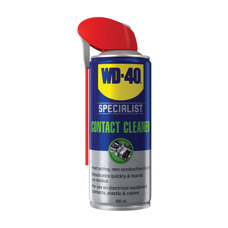 WD-40 Specialist Contact Cleaner 400ml aerosol can with red flip-up Smart Straw nozzle, blue and silver label, on a plain white background.
