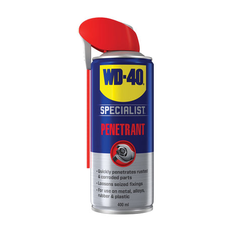 WD-40 Specialist Fast Release Penetrant 400ml aerosol can with blue and yellow label, red Smart Straw applicator flipped up, on a plain white background.