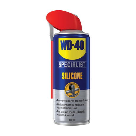 WD-40 Specialist Silicone Lubricant 400ml aerosol can with blue and yellow label, red Smart Straw applicator folded up, on a plain white background.
