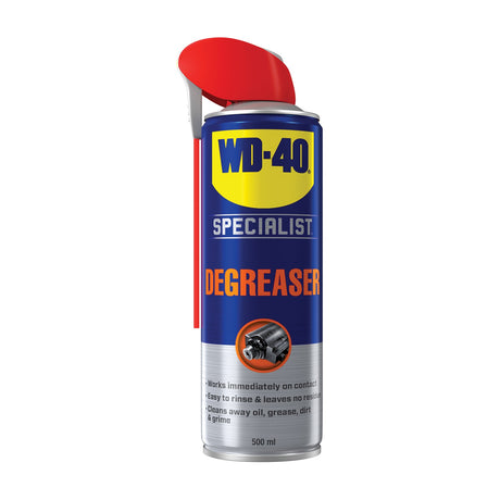 WD-40 Specialist Fast Acting Degreaser 500ml aerosol can with blue label, orange text and red Smart Straw applicator on a plain white background.