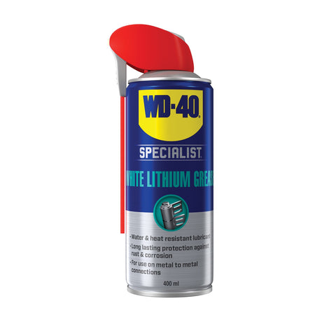 WD-40 Specialist White Lithium Grease 400ml aerosol can with blue and yellow label and red Smart Straw nozzle folded up, on a plain white background.
