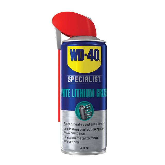 A 400ml can of WD-40 White Lithium Grease with a red nozzle and blue, silver, and yellow label, designed for long-term protection and metal-to-metal lubrication.