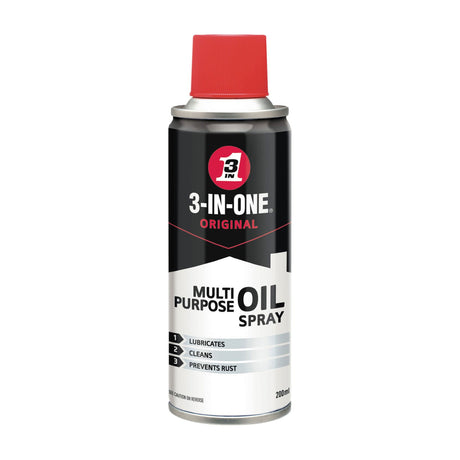 3-IN-ONE Original Multi-Purpose Oil Aerosol Spray in a 200ml black and silver can with red cap, labelled lubricates, cleans and prevents rust.