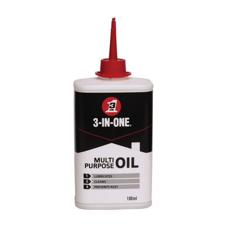3-IN-ONE Multi-Purpose Drip Oil 100ml bottle with red drip spout cap, white plastic container with black and white label, on plain background.