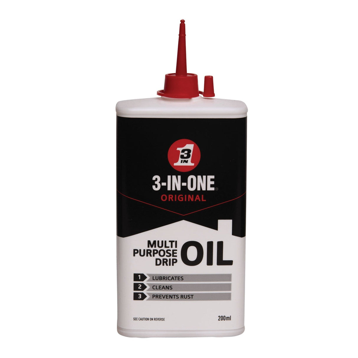 The 3-In-One 3-In-ONE Drip Oil - 200ml features a red nozzle and a black, white, and red bottle. It lubricates, cleans, and prevents rust, making it ideal for protecting metal surfaces.