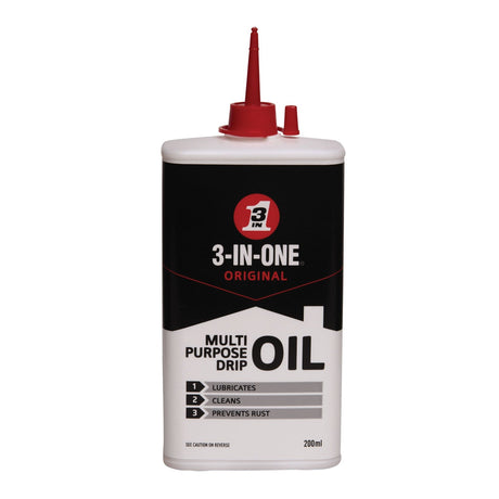 The 3-In-One 3-In-ONE Drip Oil - 200ml features a red nozzle and a black, white, and red bottle. It lubricates, cleans, and prevents rust, making it ideal for protecting metal surfaces.