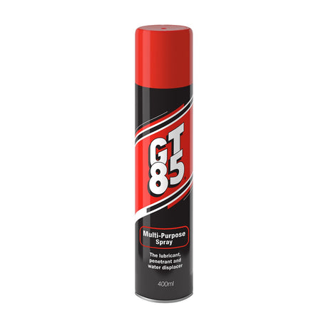 WD-40 GT85 Multi-Purpose Lubricant Spray 400ml aerosol can with red cap and black label featuring bold white GT 85 logo, on a plain white background.