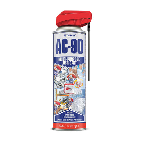 Action Can AC-90 TwinSpray 500ml multi-purpose lubricant aerosol with red dual-action spray cap and extension straw on a plain white background.