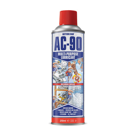 Action Can AC-90 Multi-Purpose Lubricant 250ml aerosol spray with red cap and blue label showing application illustrations, on a white background.