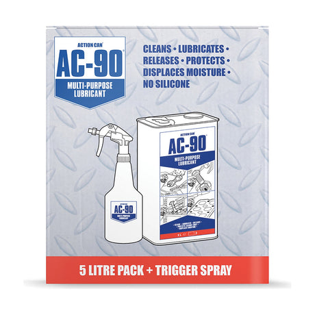 Action Can AC-90 Multi-Purpose Lubricant 5 litre pack box with trigger spray bottle and metal tin shown on the front in blue and white.