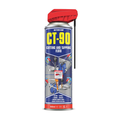 Action Can CT-90 Cutting & Tapping Fluid 500ml aerosol can with red TwinSpray dual-action nozzle and blue label, on a plain white background.