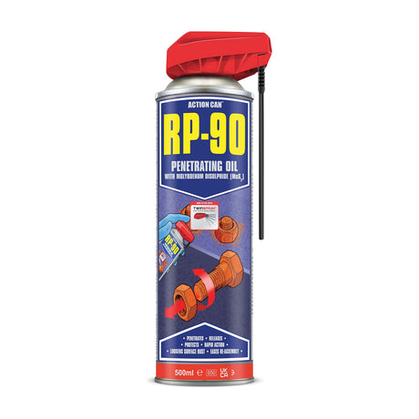 Action Can RP-90 Penetrating Oil 500ml aerosol spray can with red TwinSpray head, extension straw, and blue illustrated label on a white background.