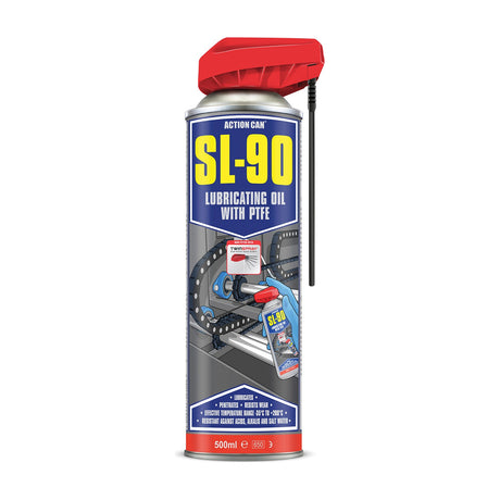Action Can SL-90 PTFE lubricating oil in a 500ml TwinSpray aerosol can with red dual-action nozzle and blue label, on a white background.