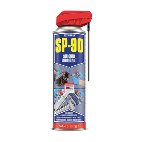 Action Can SP-90 Silicone Lubricant 500ml aerosol with red TwinSpray dual-action nozzle and extension straw, on a plain white background.