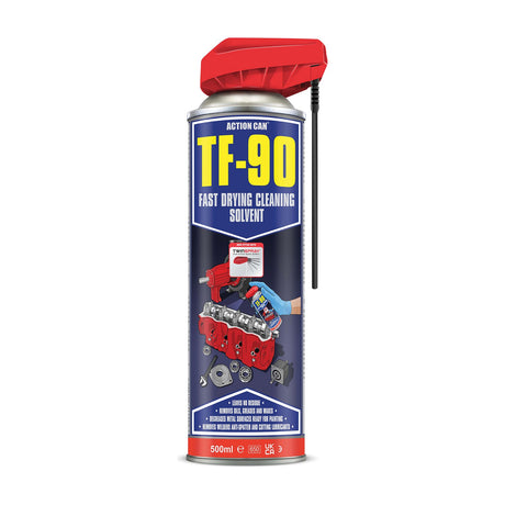 Action Can TF-90 Fast Drying TwinSpray Solvent Cleaner 500ml aerosol with red dual-action spray head and extension straw, on white background.