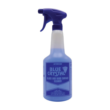 Action Can Blue Crystal Glass & Hard Surface Cleaner in a 750ml trigger spray bottle with blue nozzle and label, shown on a plain white background.