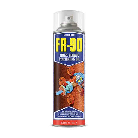 Action Can FR-90 Freeze Release Penetrating Oil 500ml aerosol can with blue label, yellow product name and rusted bolt illustration on a white background.