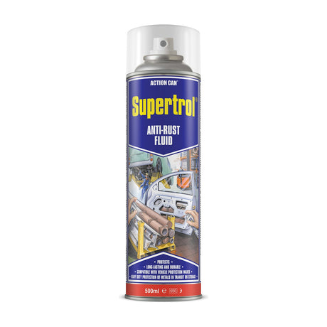 Action Can Supertrol Anti-Rust Fluid 500ml aerosol spray can with blue label and clear cap, shown on a plain white background.