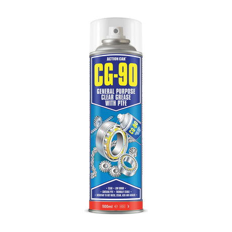 Action Can CG-90 clear PTFE general purpose grease in a 500ml aerosol can with blue label and clear cap on a white background.