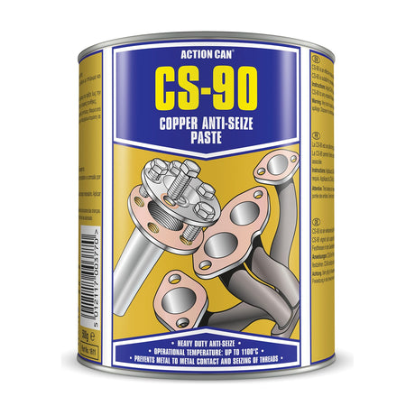 Action Can CS-90 Copper Anti-Seize Paste in a 500g tin with blue and yellow label showing exhaust bolts and manifold illustration.