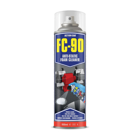 Action Can FC-90 Anti-Static Foam Cleaner 500ml aerosol with clear cap and blue label showing a bench grinder illustration, on a white background.