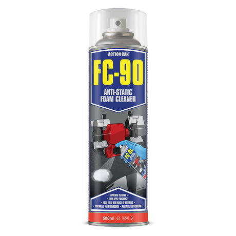 A 500ml can of Action Can FC-90 Anti-Static Foam features a blue label showing a hand cleaning electronics and product info at the bottom.