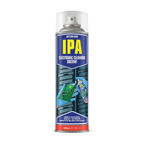 Action Can IPA Electronic Cleaning Solvent 500ml aerosol spray can with blue label and clear cap, showing PCB cleaning graphic, on white background.