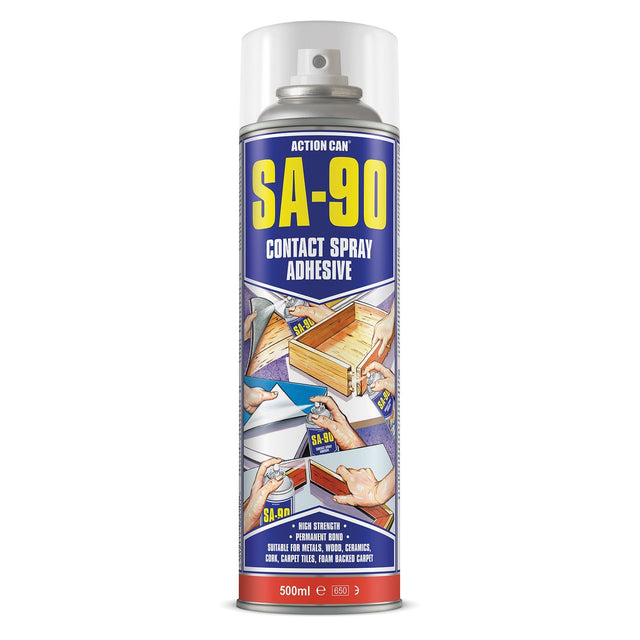 A 500ml can of Action Can SA-90 Adhesive, with illustrations showing its high-strength, permanent bond for wood, foam, and edges. The label promotes its heavy-duty power as a versatile multi-purpose adhesive.