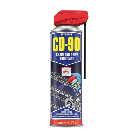 Action Can CD-90 Chain & Drive Lubricant 500ml aerosol spray can with red twin-spray cap and blue label, shown on a plain white background.