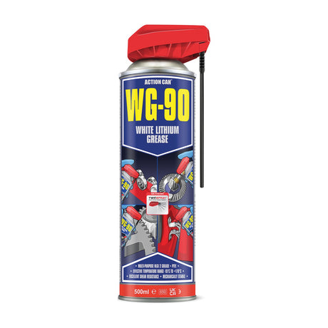 Action Can WG-90 white lithium grease 500ml aerosol tin with red twin-spray nozzle and extension straw, on a plain white background.