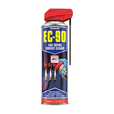 Action Can EC-90 Fast Drying Contact Cleaner 500ml aerosol with red twin-spray cap and blue label, shown on a plain white background.