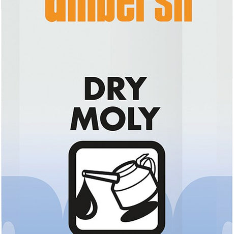 Ambersil Dry Moly Resin-Bonded Lubricant Spray 400ml aerosol can label with black text and an oil can icon on a white background.