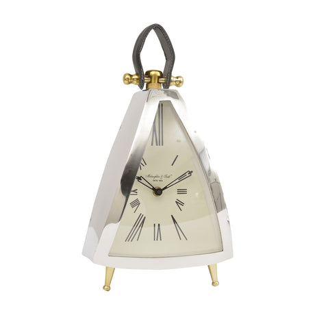 Libra Interiors polished nickel triangular mantel clock with cream roman numeral dial, domed glass, brass feet and black leather loop handle.