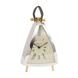 Libra Interiors Polished Nickel Curved Front Mantel Clock in silver with cream roman numeral dial, brass splayed feet and black leather loop handle.