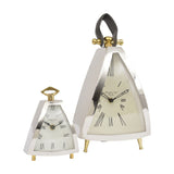 Libra Interiors Polished Nickel Curved Front Mantel Clock in silver shown beside a smaller version, with roman numerals, brass feet and leather loop handle.